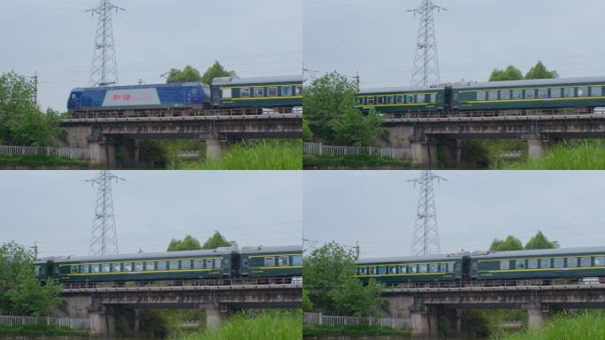 绿皮火车列车过桥