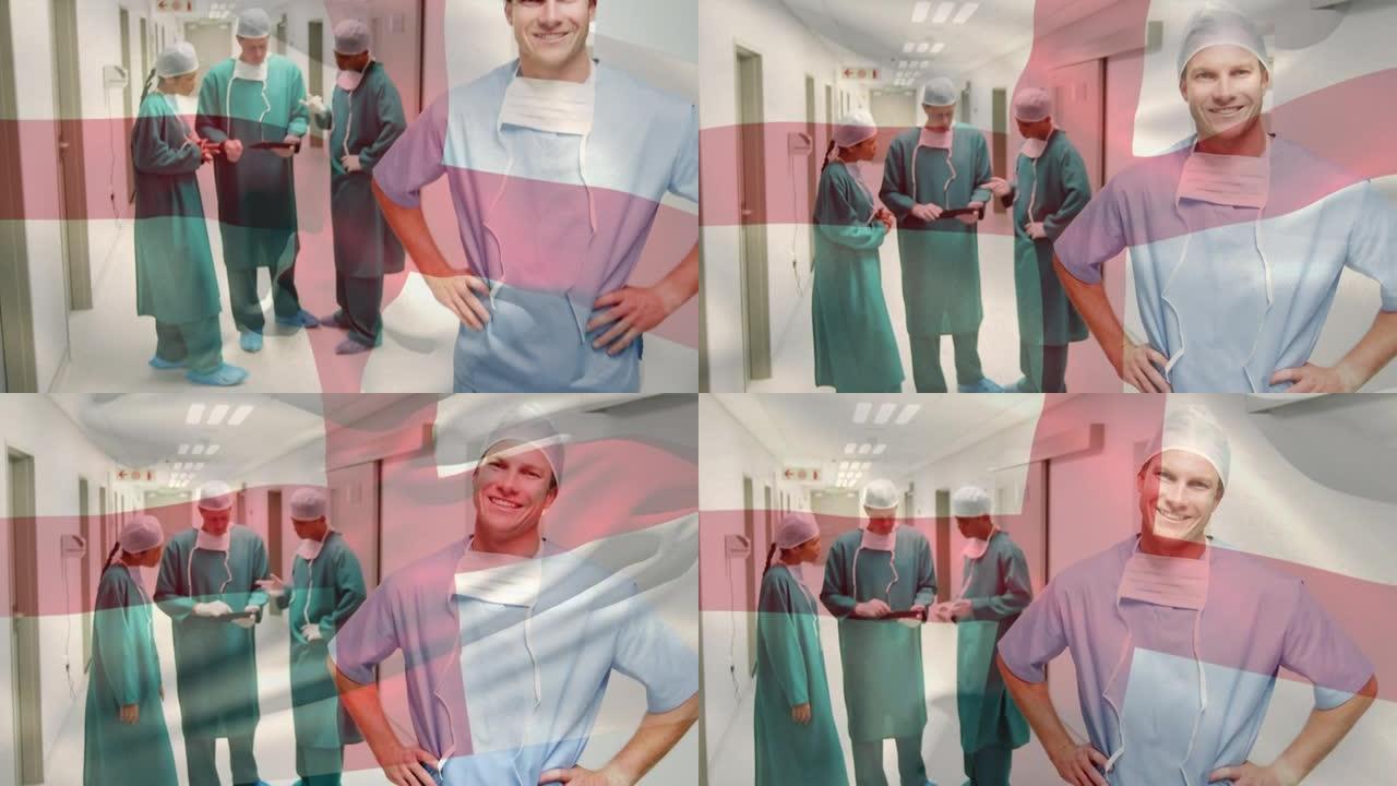 英格兰国旗在手术室中挥舞着外科医生的动画