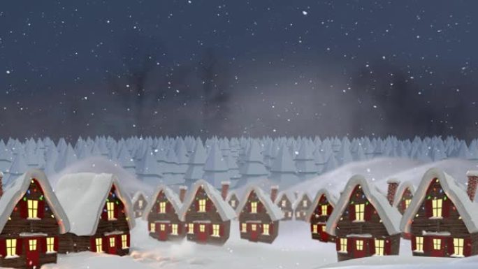 冬季景观中飘落有仙灯装饰的房屋上的雪的动画