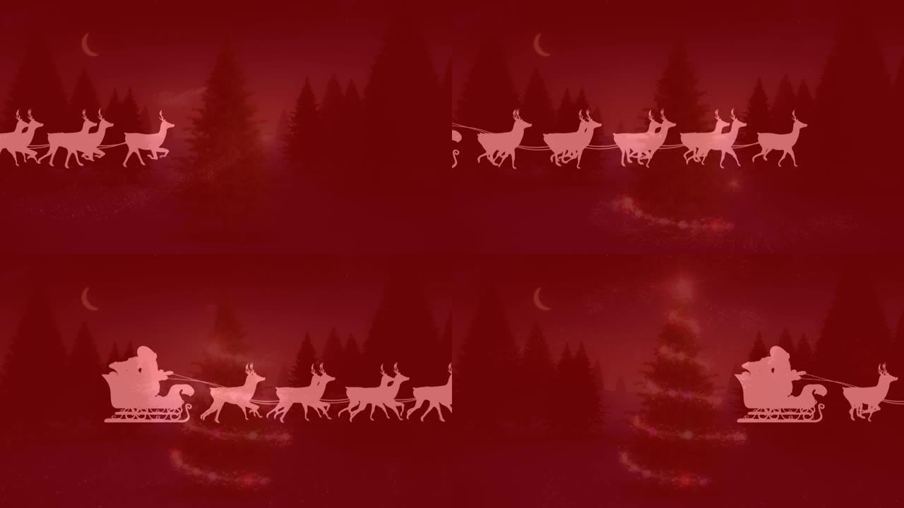 雪橇上的圣诞老人被驯鹿拉向圣诞树周围的流星