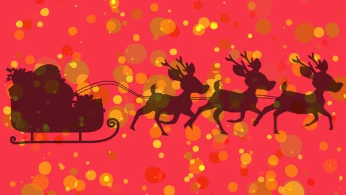 圣诞老人在雪橇上的动画与驯鹿在红色背景上