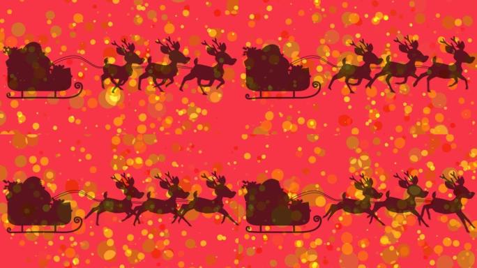圣诞老人在雪橇上的动画与驯鹿在红色背景上