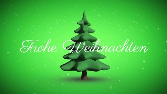 Frohe weihnachten文本和雪落在绿色背景上旋转的圣诞树图标上