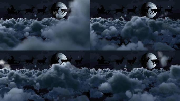 圣诞老人在雪橇上的动画与驯鹿在云和月亮上