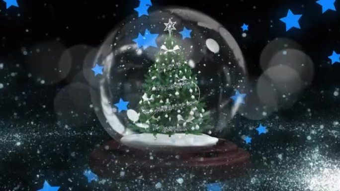 在雪球上的圣诞树上流星，面对漂浮的多个蓝色星星图标
