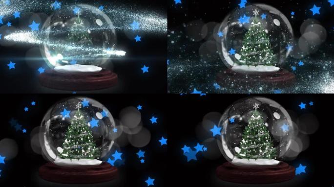 在雪球上的圣诞树上流星，面对漂浮的多个蓝色星星图标