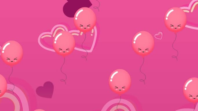 粉红色背景上的红色气球和心形动画