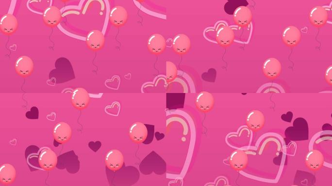 粉红色背景上的红色气球和心形动画