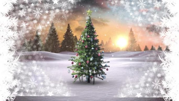 雪落在冬季景观上的圣诞树上，面对多个星星图标