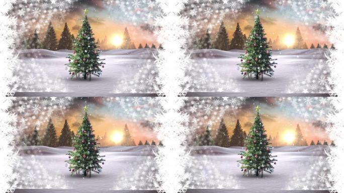 雪落在冬季景观上的圣诞树上，面对多个星星图标