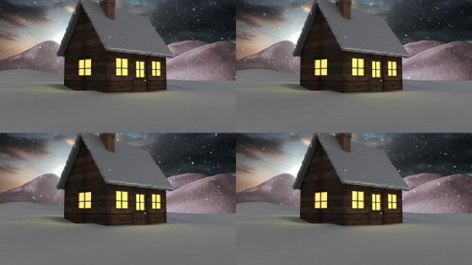 雪落在冬天的风景上，房屋和树木在灰色的天空中