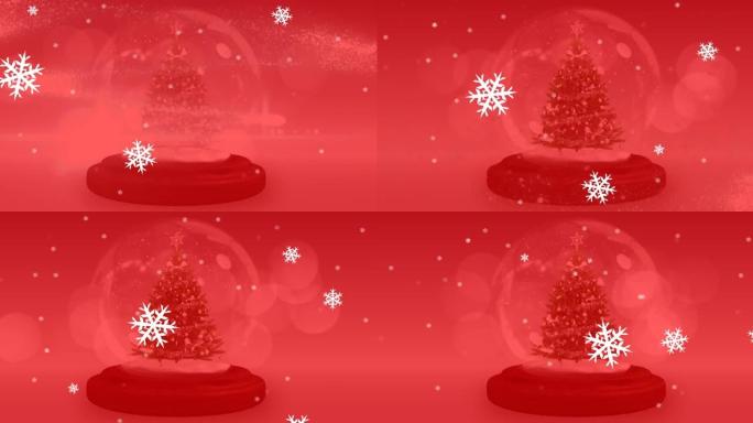圣诞装饰雪球的动画，红色背景上有圣诞树