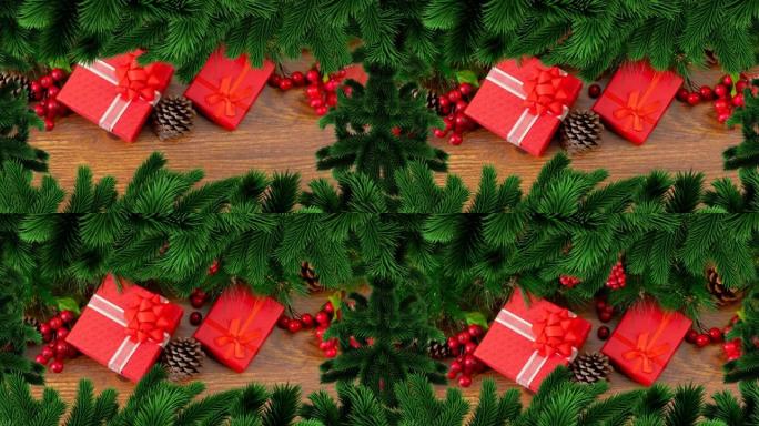木制背景上礼物上的圣诞杉树框架动画