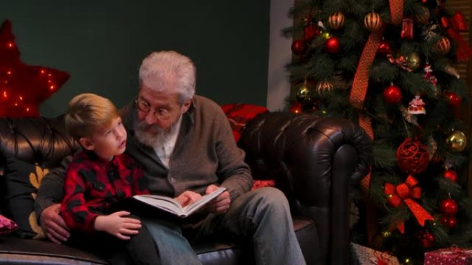 祖父睡前给孙子读了一个童话故事。优雅的白发男子和一个小男孩坐在一个装饰的房间里的沙发上，靠近一棵发光