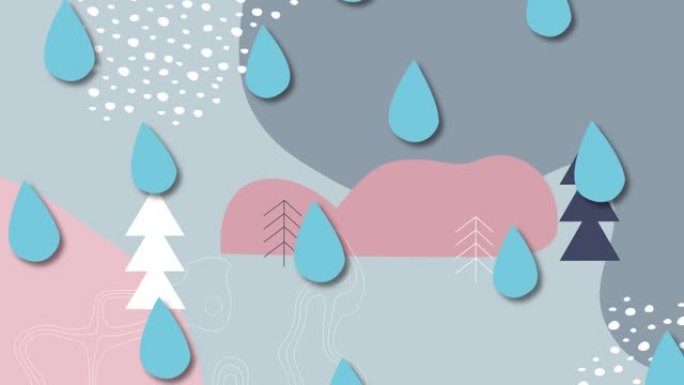 飘落的雨滴在冬季风景上的动画