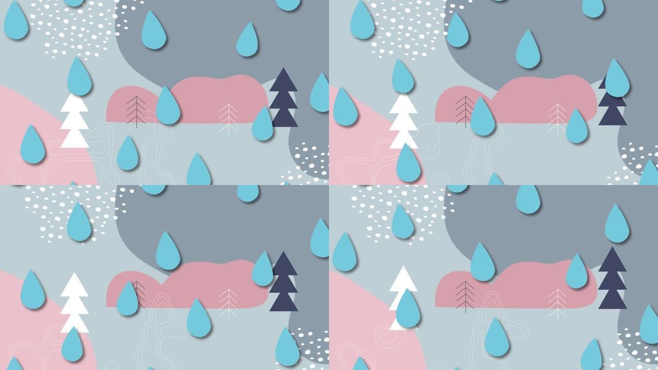 飘落的雨滴在冬季风景上的动画