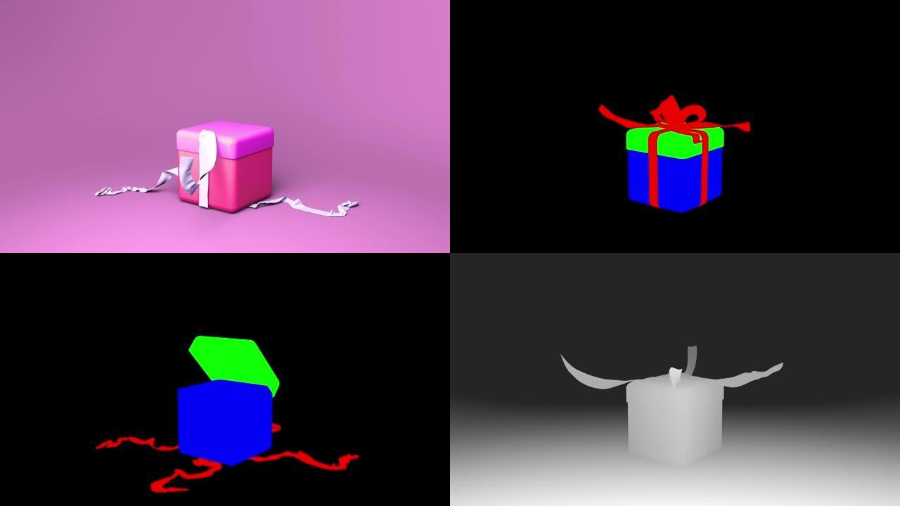 可爱的礼品盒打开，蝴蝶结解开并掉在地上。动画包括用于更改颜色的其他通道和深度通道。