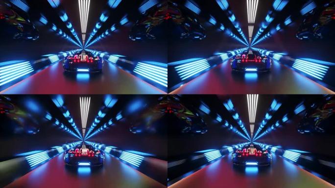 汽车高速冲过无尽的霓虹灯技术隧道。未来主义概念。无缝循环的3d动画