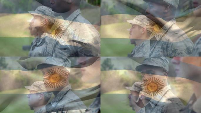 阿根廷国旗的动画在不同的男性士兵