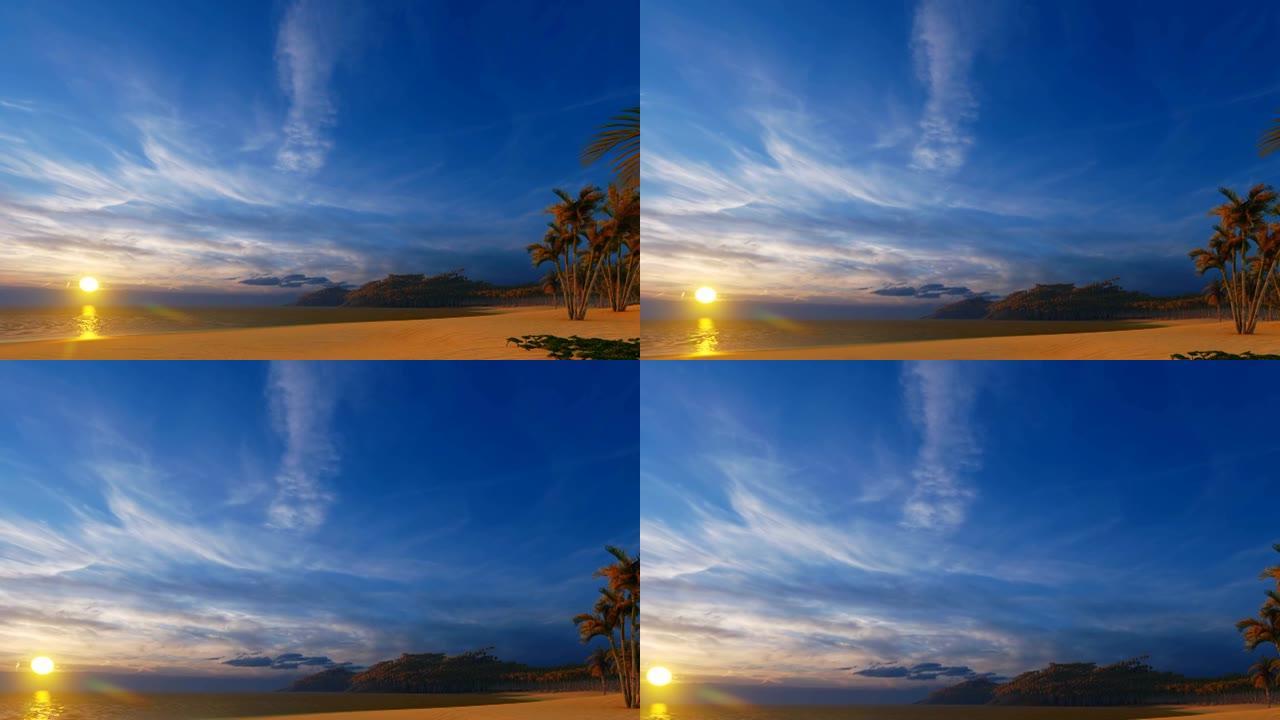 美丽海滩上的日落蔚蓝海南椰子树