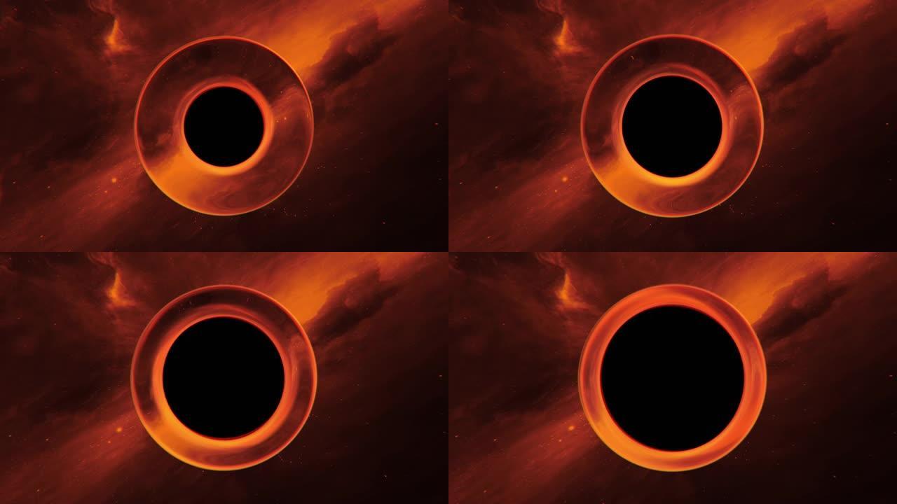 深空中具有世界末日后橙色背景的黑洞。电影宇宙中虫洞事件视界的神秘宇宙。黑洞不断增长的史诗星系。星际行