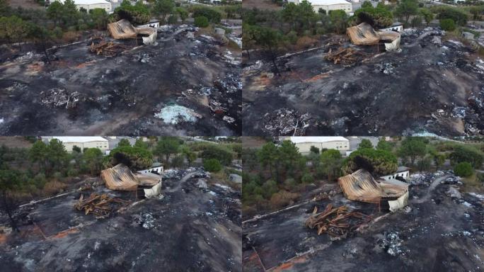 旧工厂无人驾驶飞机轨道着火后碎片的鸟瞰图