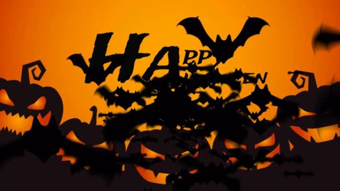 橙色背景上的杰克o灯笼上的万圣节问候和蝙蝠的动画