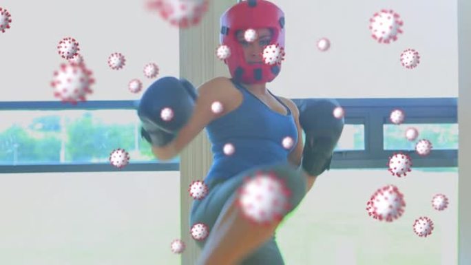 病毒细胞漂浮在戴着头盔和拳击的高加索女性身上的动画