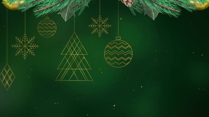 绿色背景上的圣诞挂饰与圣诞花环装饰