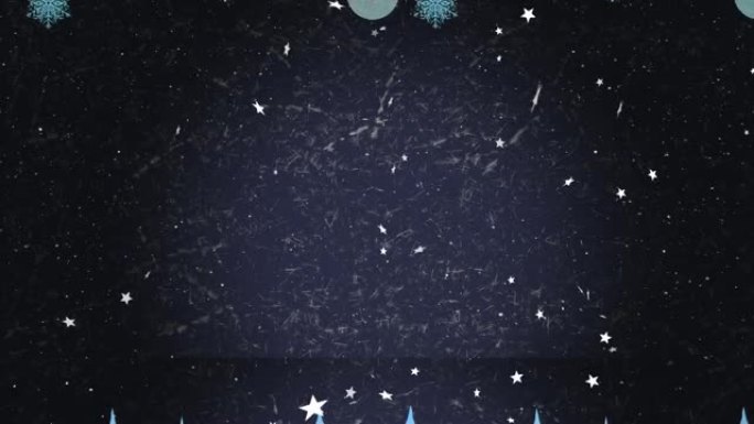 圣诞明星的动画落在带有枞树和装饰品的黑色背景上