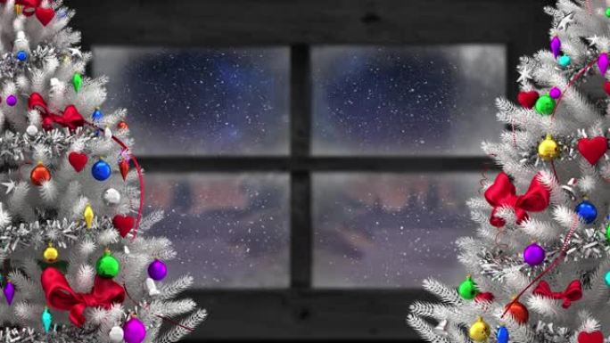 飘雪和圣诞树的动画，透过窗户看到冬天的风景