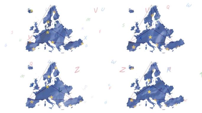 白色背景上有字母的欧盟国旗星星和欧洲地图的动画