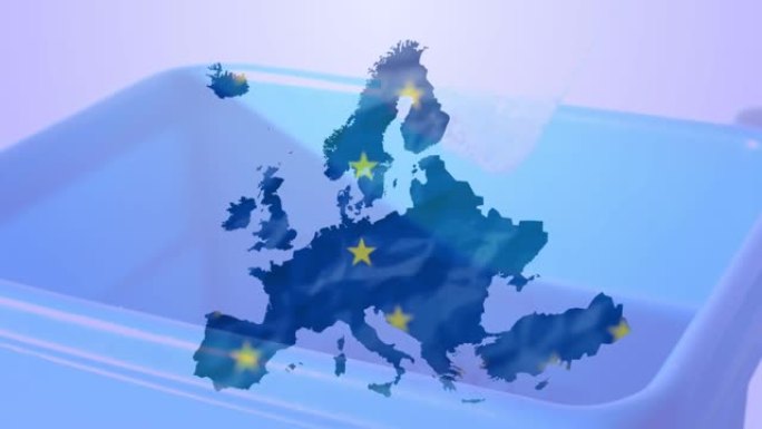 紫色背景上带有回收箱的欧盟国旗明星动画