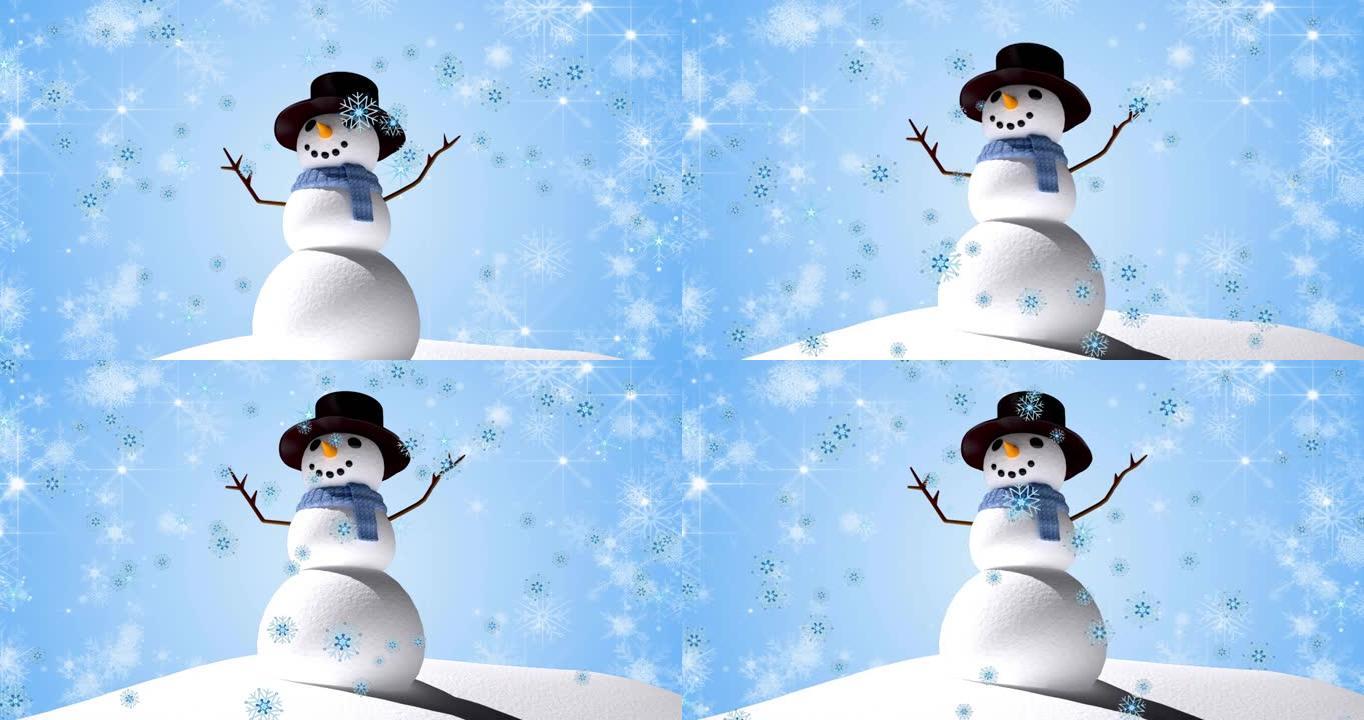冬天景色雪人上空飘落雪花的动画