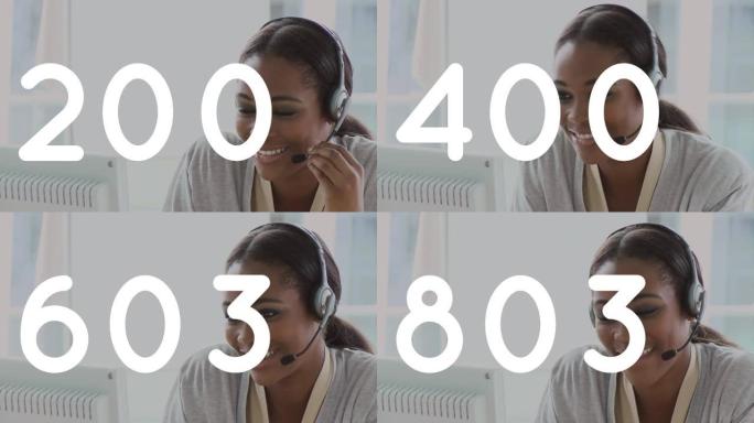 混合种族微笑的女商人戴着电话耳机的数字处理动画