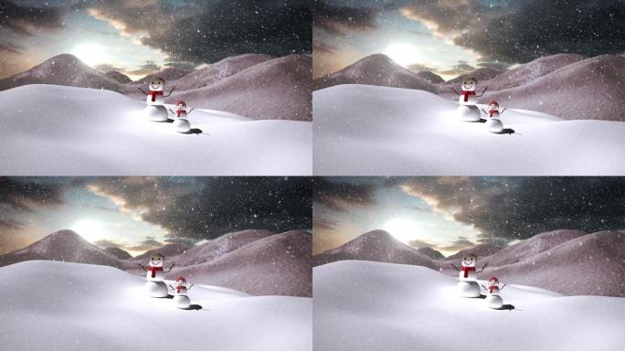 冬季景色飘雪的两个雪人动画
