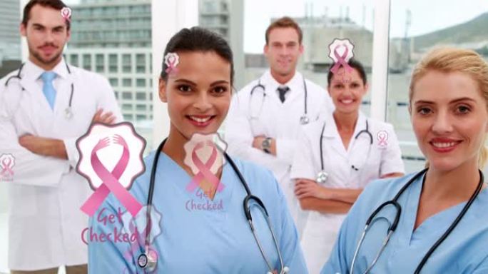 粉红丝带癌症标志的动画，漂浮在微笑的男和女医生组