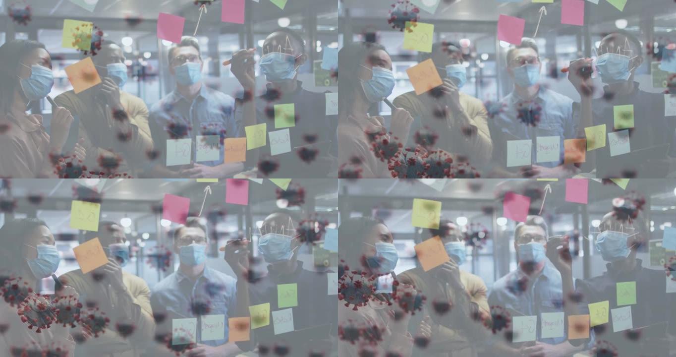 用口罩做笔记的不同商业人士的病毒细胞的动画