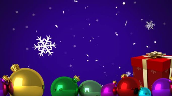 雪花落在蓝色背景上的圣诞节礼物和小玩意上的动画