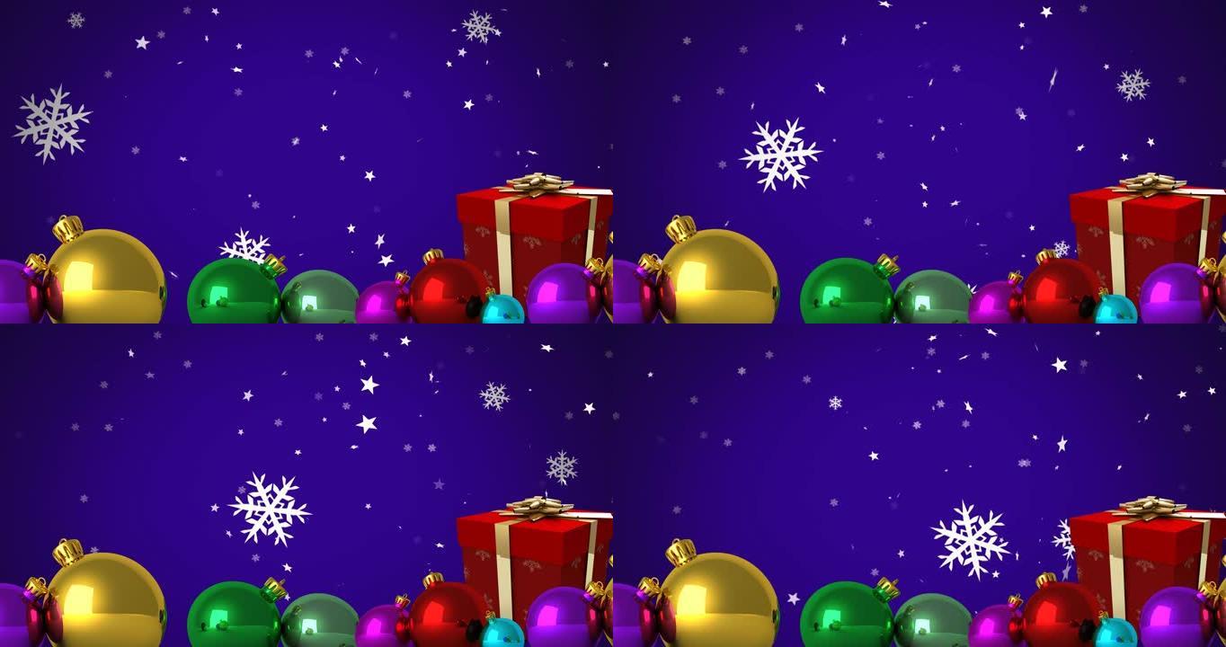 雪花落在蓝色背景上的圣诞节礼物和小玩意上的动画