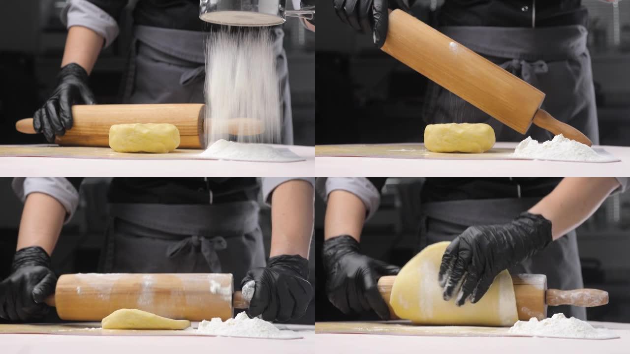 面包师或厨师将要把面团在白色的桌子上滚动，用面粉撒上，这样它就不会在滚动时粘在木制的rolling面