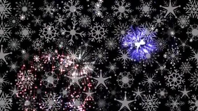 圣诞节时黑色背景上的雪落在烟花上的动画