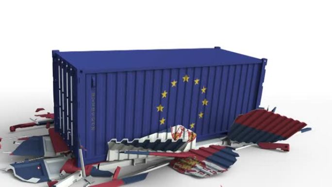 挂欧盟旗的集装箱将挂塞尔维亚旗的集装箱拆解