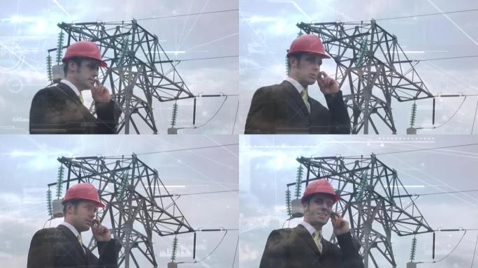 男性工程师使用智能手机的动画，电塔上的连接网络