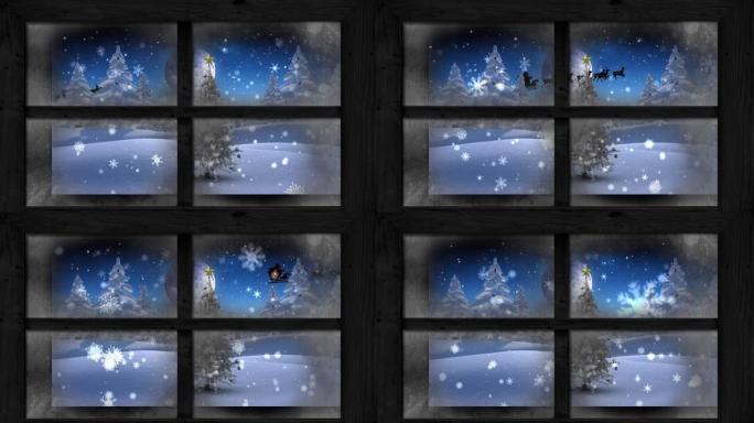 雪景圣诞老人雪上的动画与驯鹿在冬天的风景透过窗户看到