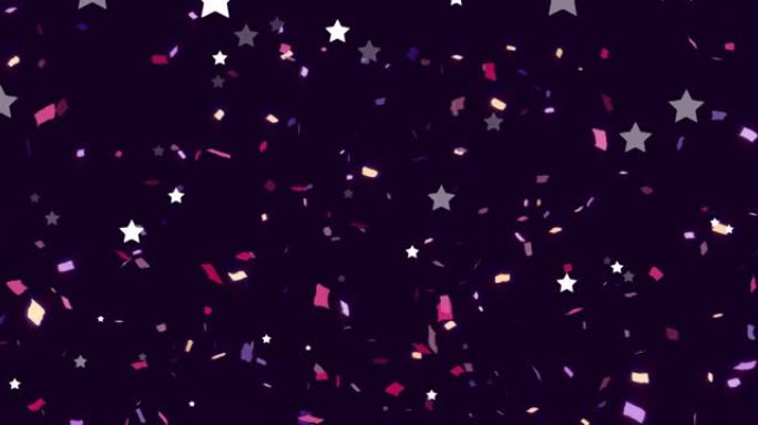 白色圣诞星星和粉红色新年五彩纸屑落在黑色背景上的动画