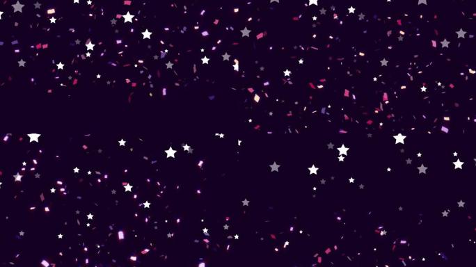 白色圣诞星星和粉红色新年五彩纸屑落在黑色背景上的动画