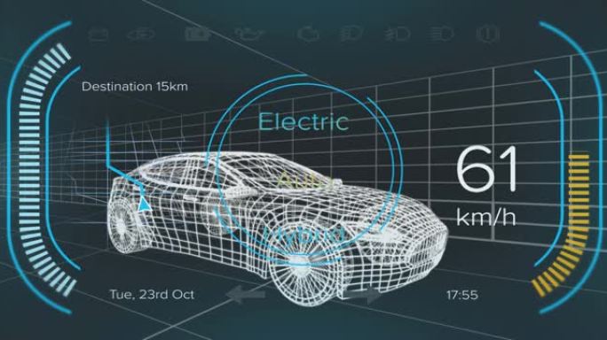 混合动力汽车界面上的速度计和功率状态数据的动画，通过3d汽车模型
