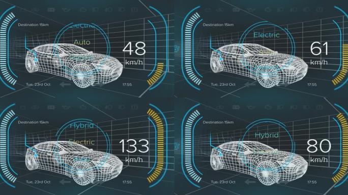 混合动力汽车界面上的速度计和功率状态数据的动画，通过3d汽车模型