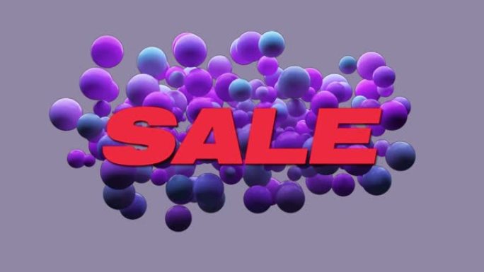 灰色背景上蓝色和紫色球体上红色的销售文本动画